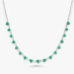 Augusta Alternating Green Emerald Heart & Diamond Bezel Tennis Necklace 6.94 ctw