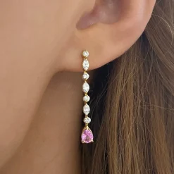Delta Diamond & Pink Sapphire Pear Dangle Stud Earrings 1.24 ctw