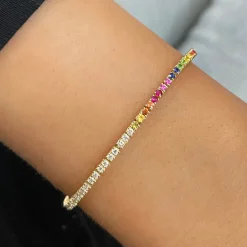 Half & Half Rainbow Gemstone and Diamond Tennis Bracelet 1.73 ctw