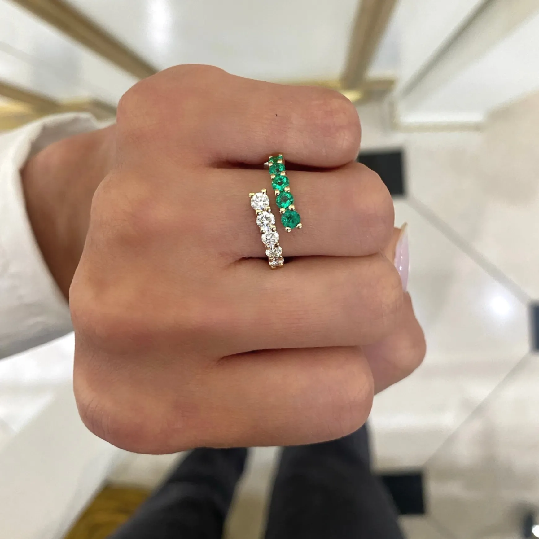 Misha Green Emerald & Diamond Crossover Ring