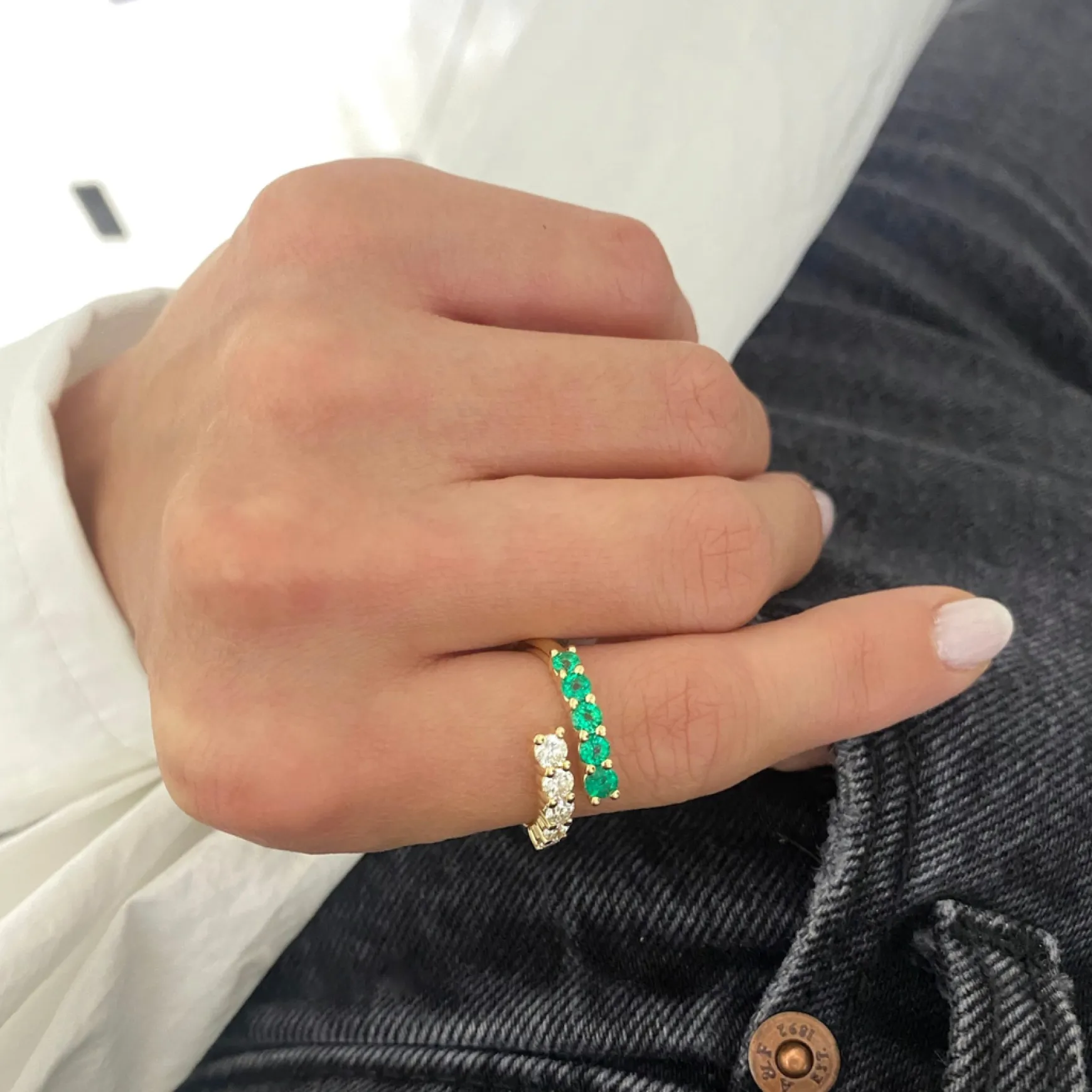 Misha Green Emerald & Diamond Crossover Ring