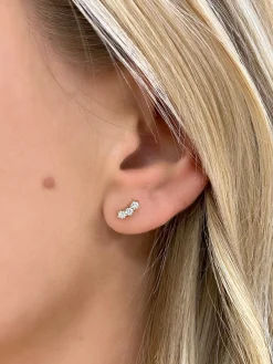 Penelope Tiny Three Diamond Curved Bar Stud Earrings