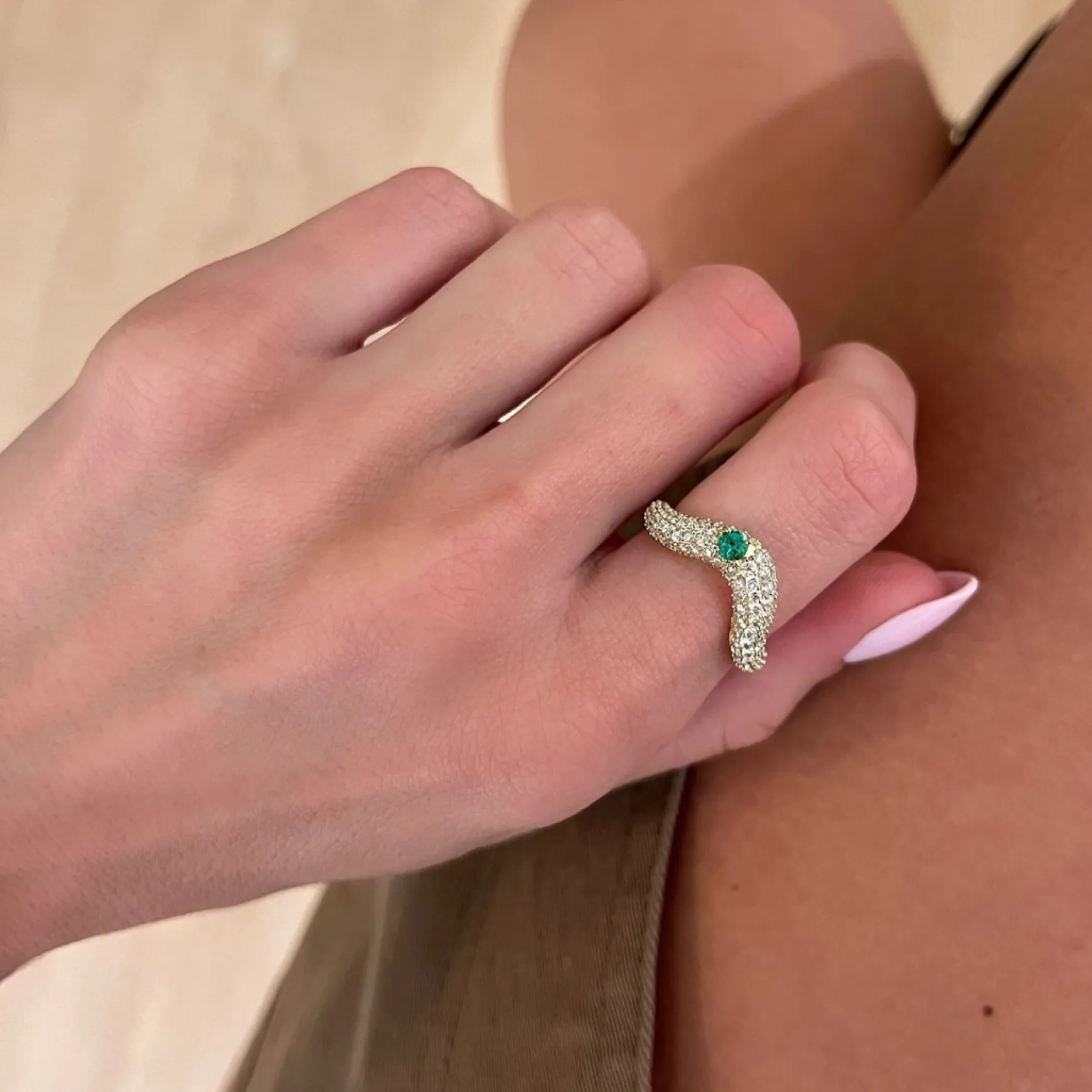 Ronan Emerald and Diamond Pave Swoop Ring